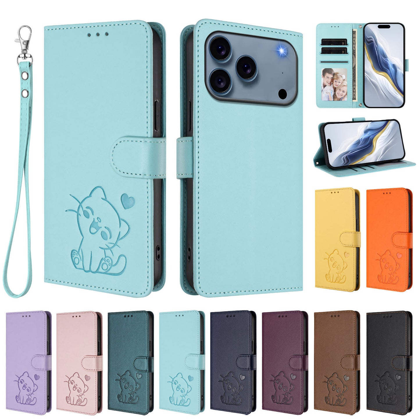 For iPhone 17 Pro Max Wallet Case with Wrist Strap Love Cat Pattern Imprint Leather Phone Cover - Mint Green
