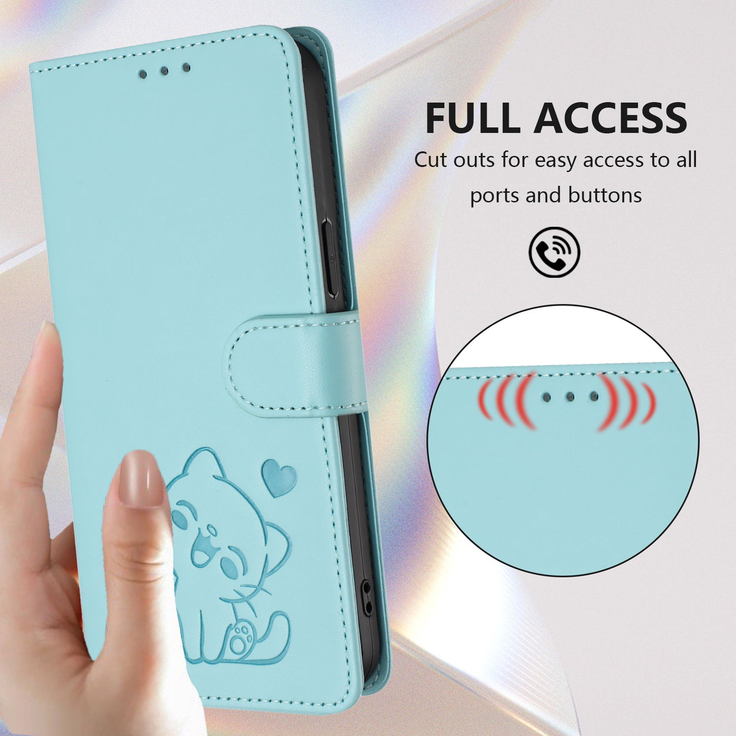 For iPhone 17 Pro Max Wallet Case with Wrist Strap Love Cat Pattern Imprint Leather Phone Cover - Mint Green