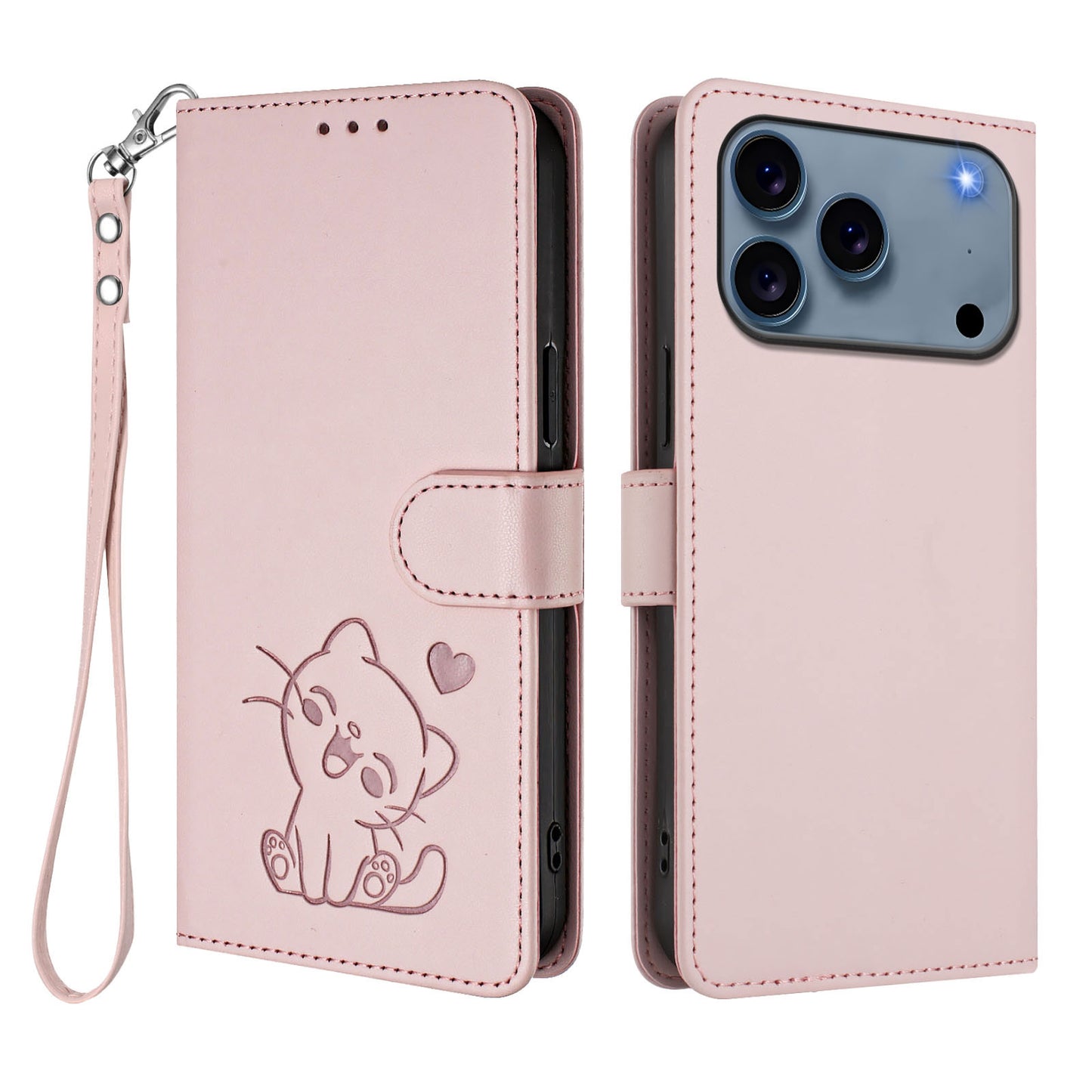 For iPhone 17 Pro Max Wallet Case with Wrist Strap Love Cat Pattern Imprint Leather Phone Cover - Pink