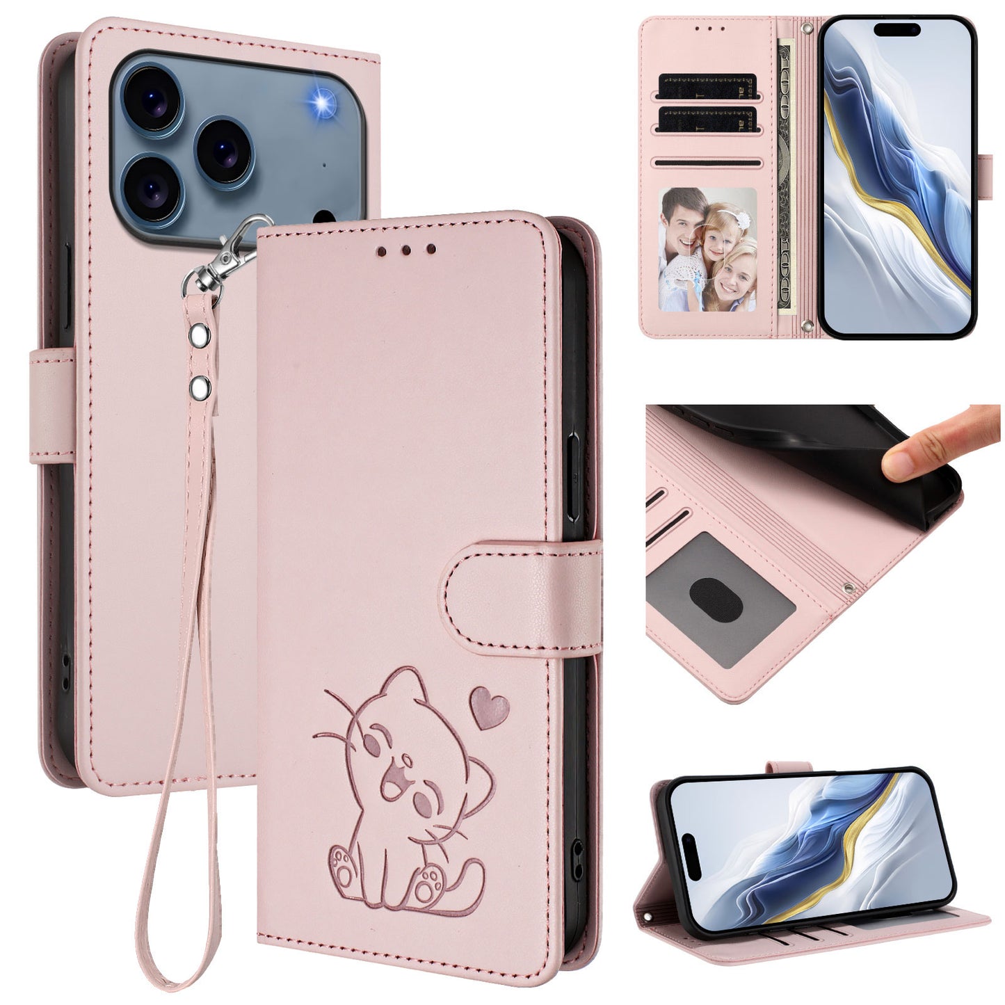 For iPhone 17 Pro Max Wallet Case with Wrist Strap Love Cat Pattern Imprint Leather Phone Cover - Pink