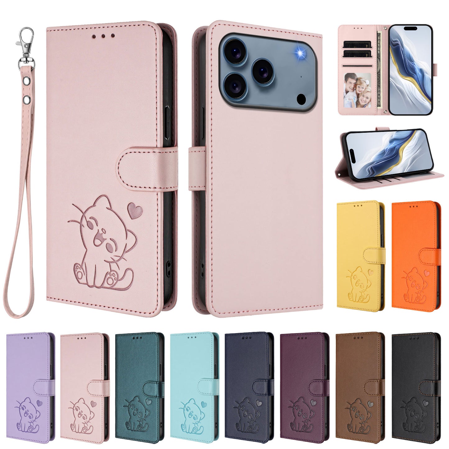 For iPhone 17 Pro Max Wallet Case with Wrist Strap Love Cat Pattern Imprint Leather Phone Cover - Pink