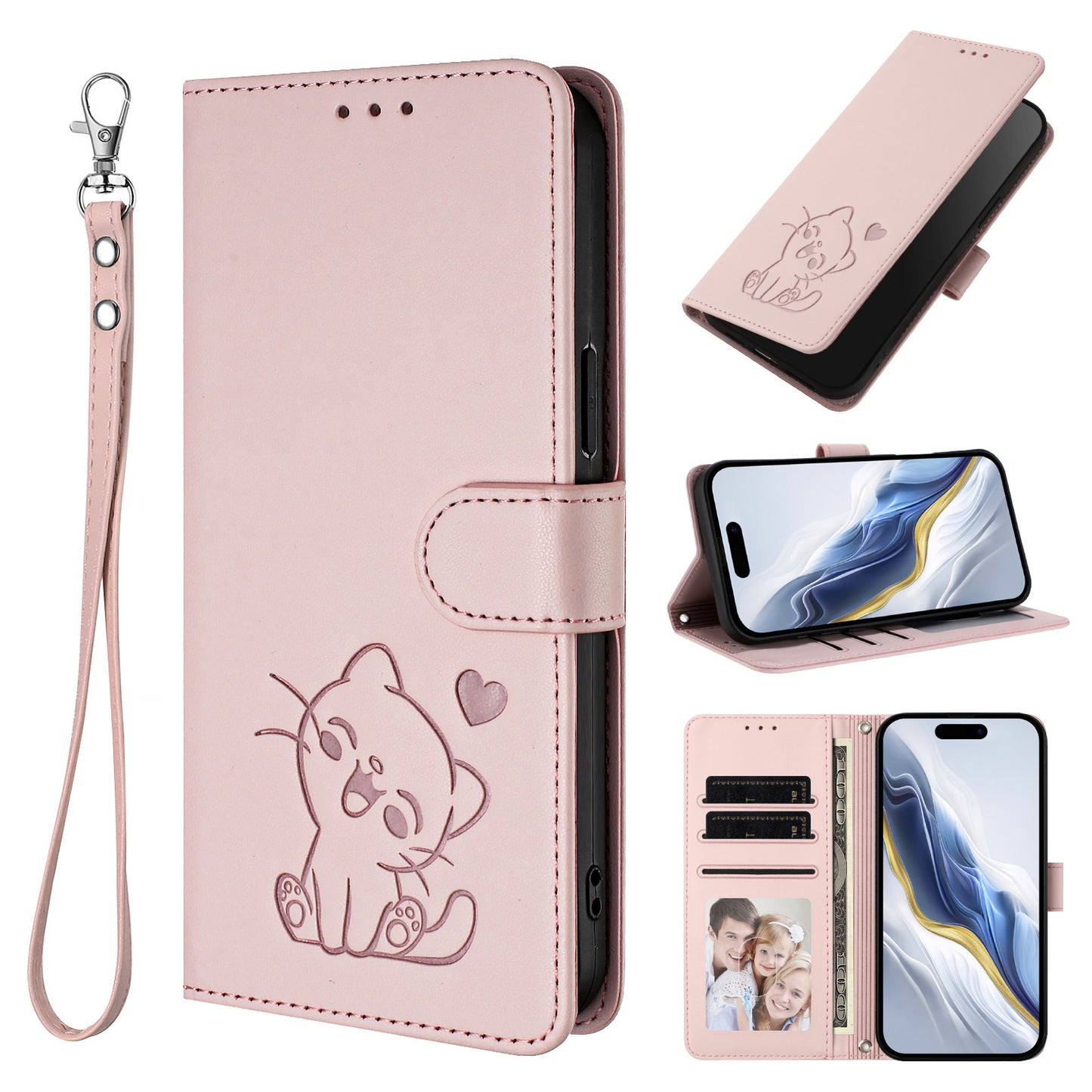 For iPhone 17 Pro Max Wallet Case with Wrist Strap Love Cat Pattern Imprint Leather Phone Cover - Pink