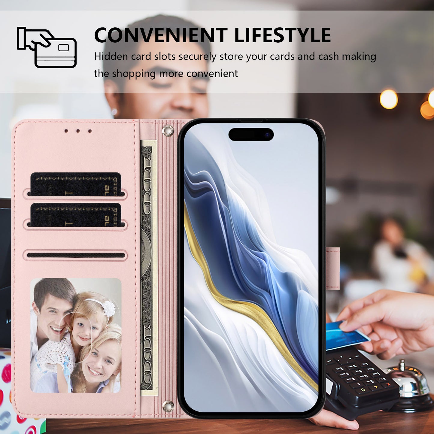 For iPhone 17 Pro Max Wallet Case with Wrist Strap Love Cat Pattern Imprint Leather Phone Cover - Pink