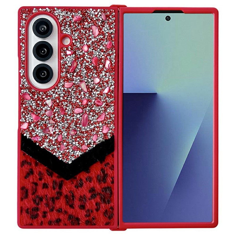 For Samsung Galaxy Z Fold7 5G Case Stone Decor Glitter Leopard Splicing Plush PC Phone Cover - Red