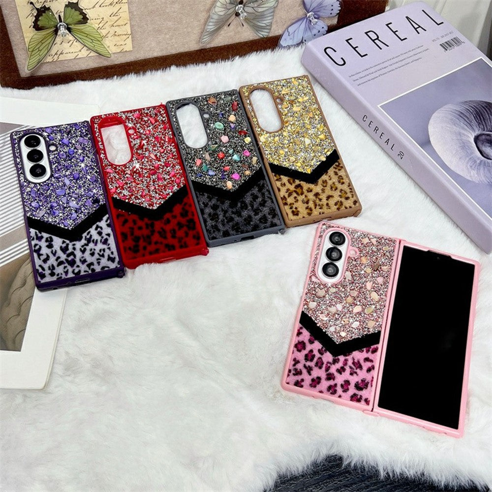 For Samsung Galaxy Z Fold7 5G Case Stone Decor Glitter Leopard Splicing Plush PC Phone Cover - Gold