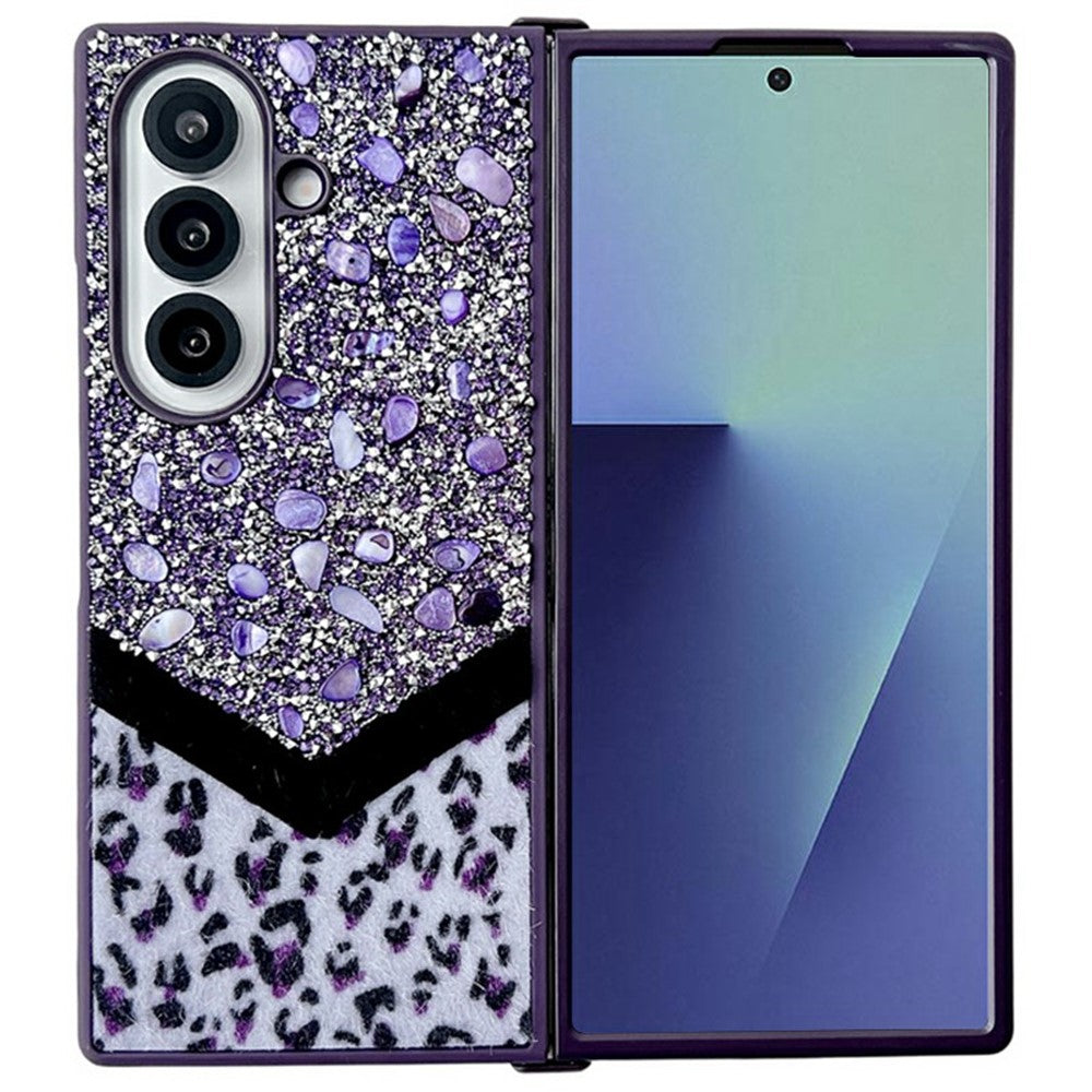 For Samsung Galaxy Z Fold7 5G Case Stone Decor Glitter Leopard Splicing Plush PC Phone Cover - Purple