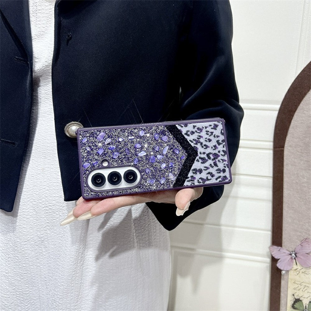 For Samsung Galaxy Z Fold7 5G Case Stone Decor Glitter Leopard Splicing Plush PC Phone Cover - Purple