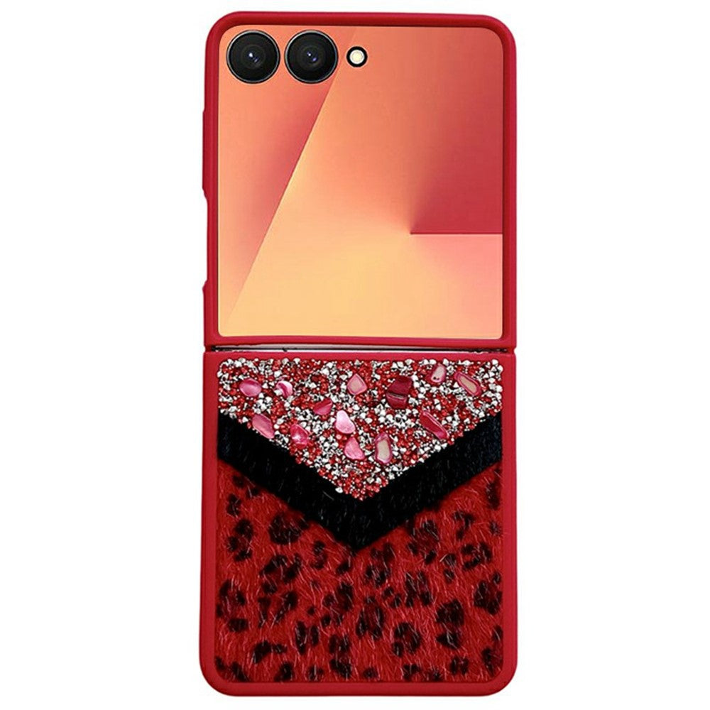 For Samsung Galaxy Z Flip7 5G Case Stone Decor Glitter Leopard Splicing Plush PC Phone Cover - Red