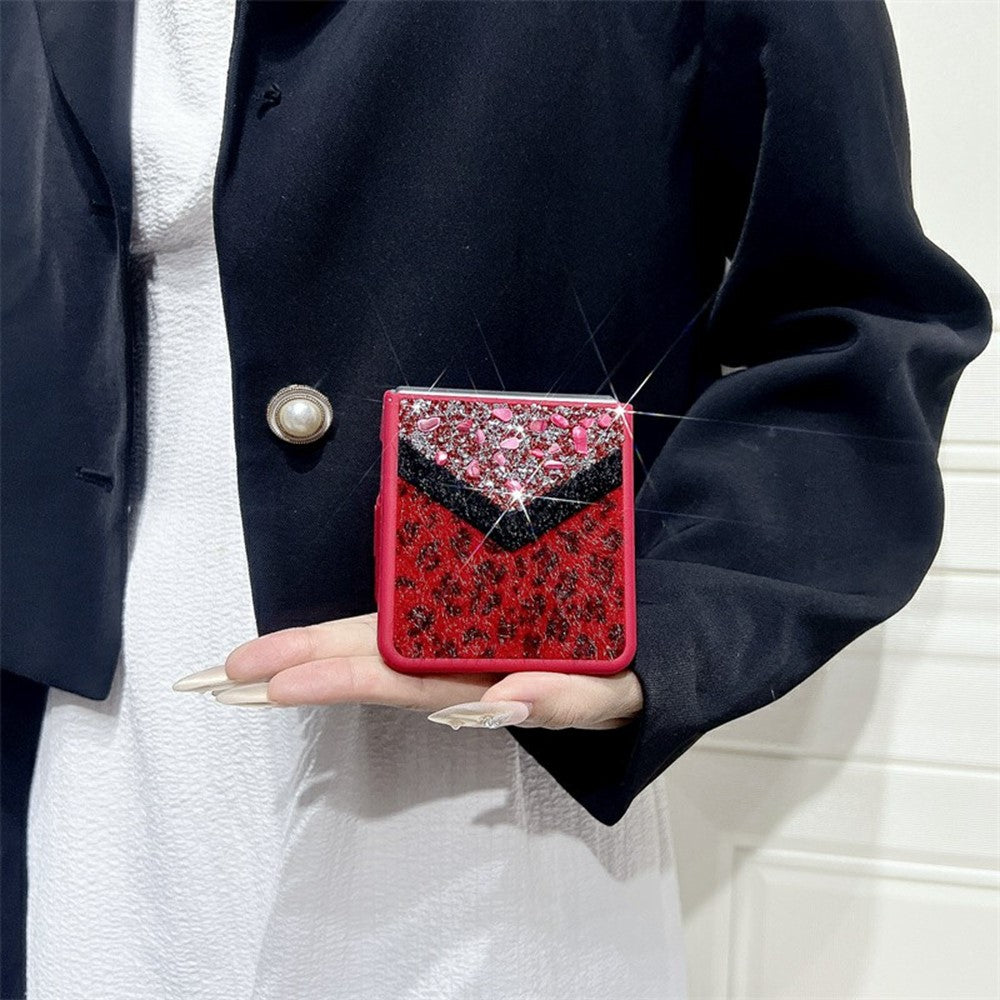 For Samsung Galaxy Z Flip7 5G Case Stone Decor Glitter Leopard Splicing Plush PC Phone Cover - Red