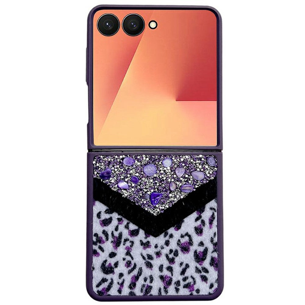 For Samsung Galaxy Z Flip7 5G Case Stone Decor Glitter Leopard Splicing Plush PC Phone Cover - Purple