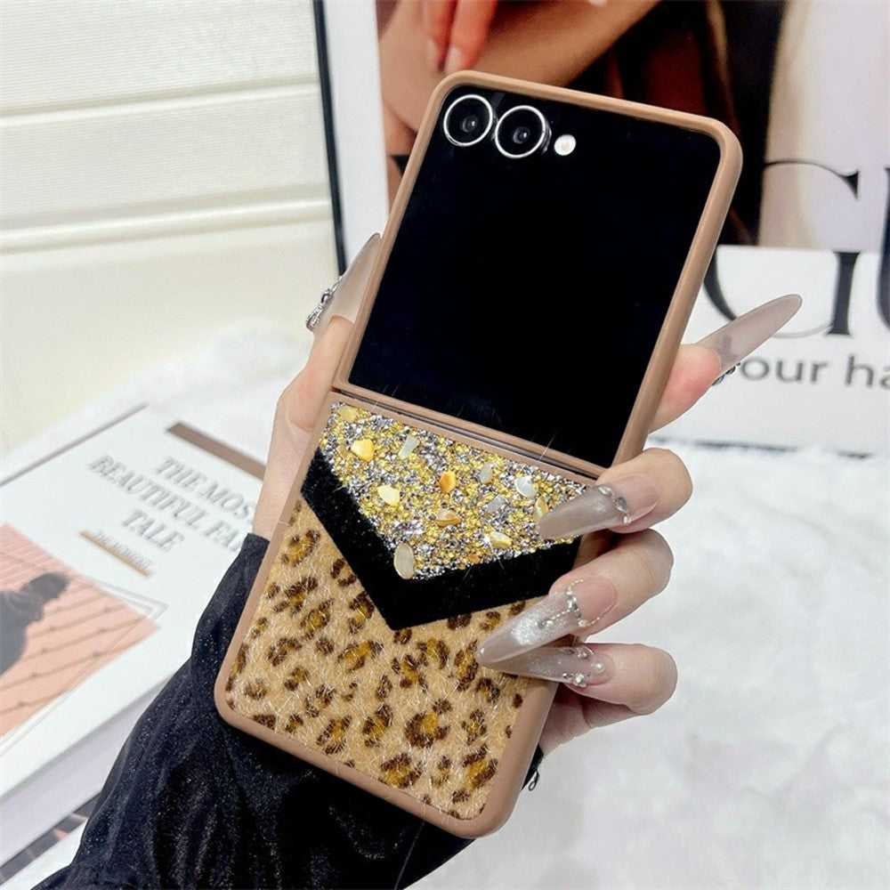 For Samsung Galaxy Z Flip7 5G Case Stone Decor Glitter Leopard Splicing Plush PC Phone Cover - Gold