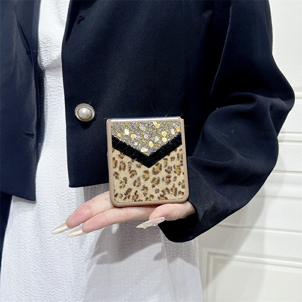For Samsung Galaxy Z Flip7 5G Case Stone Decor Glitter Leopard Splicing Plush PC Phone Cover - Gold