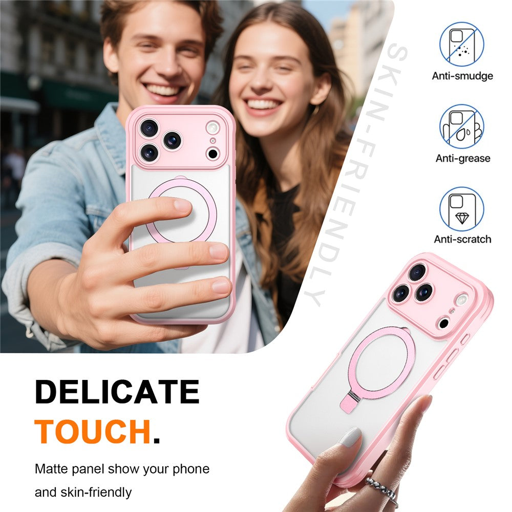 For iPhone 17 Pro Max Case Skin Touch Solid Color TPU + PC Phone Cover with Magnetic Kickstand - Pink