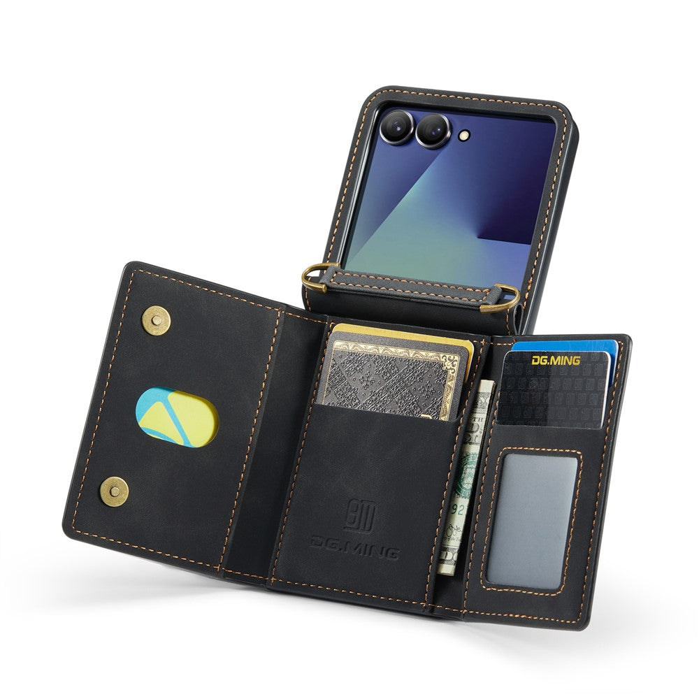 DG.MING M2 Series for Samsung Galaxy Z Flip7 5G Case PU + PC Phone Cover with Detachable Card Bag / Should Strap - Black