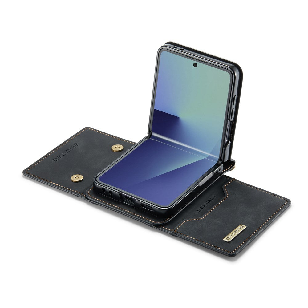 DG.MING M2 Series for Samsung Galaxy Z Flip7 5G Case PU + PC Phone Cover with Detachable Card Bag / Should Strap - Black