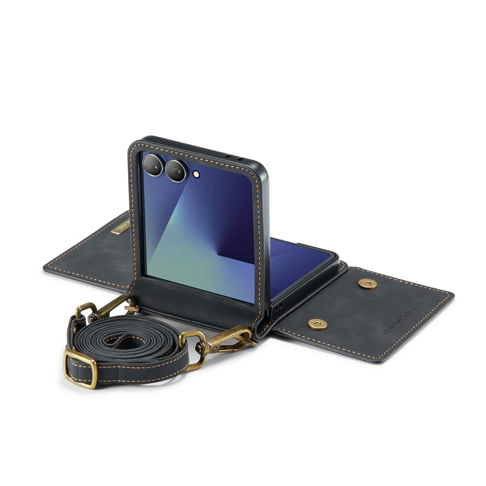 DG.MING M2 Series for Samsung Galaxy Z Flip7 5G Case PU + PC Phone Cover with Detachable Card Bag / Should Strap - Black