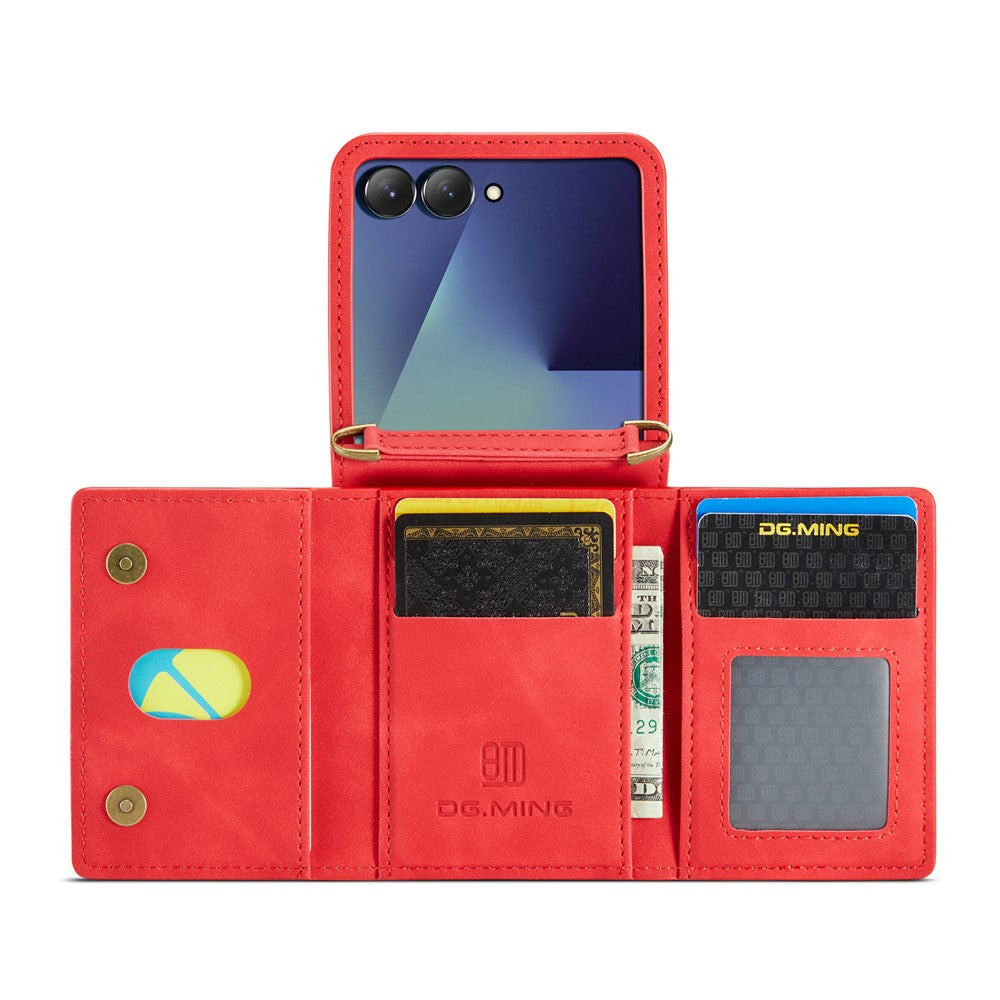 DG.MING M2 Series for Samsung Galaxy Z Flip7 5G Case PU + PC Phone Cover with Detachable Card Bag / Should Strap - Red