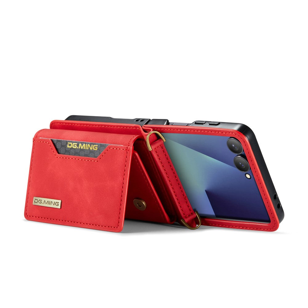 DG.MING M2 Series for Samsung Galaxy Z Flip7 5G Case PU + PC Phone Cover with Detachable Card Bag / Should Strap - Red