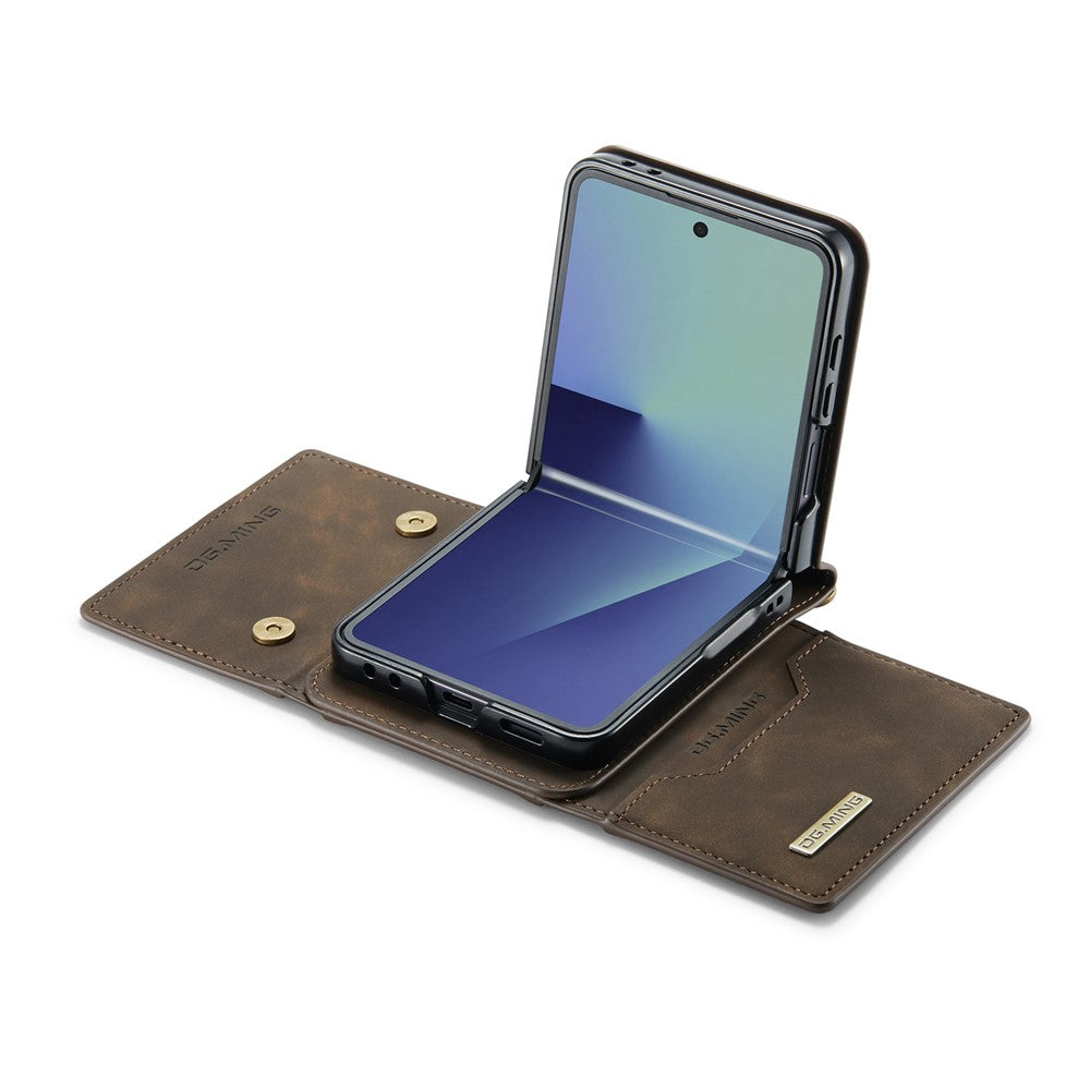 DG.MING M2 Series for Samsung Galaxy Z Flip7 5G Case PU + PC Phone Cover with Detachable Card Bag / Should Strap - Coffee