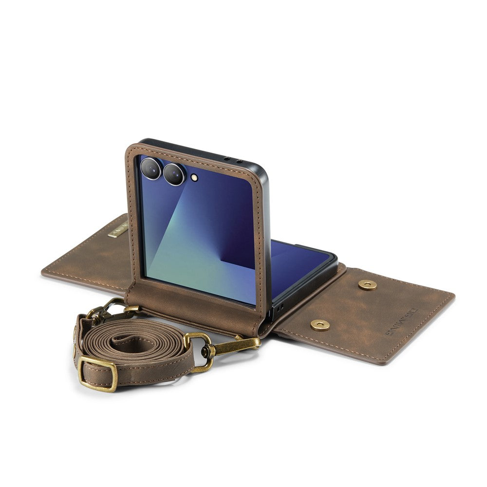 DG.MING M2 Series for Samsung Galaxy Z Flip7 5G Case PU + PC Phone Cover with Detachable Card Bag / Should Strap - Coffee