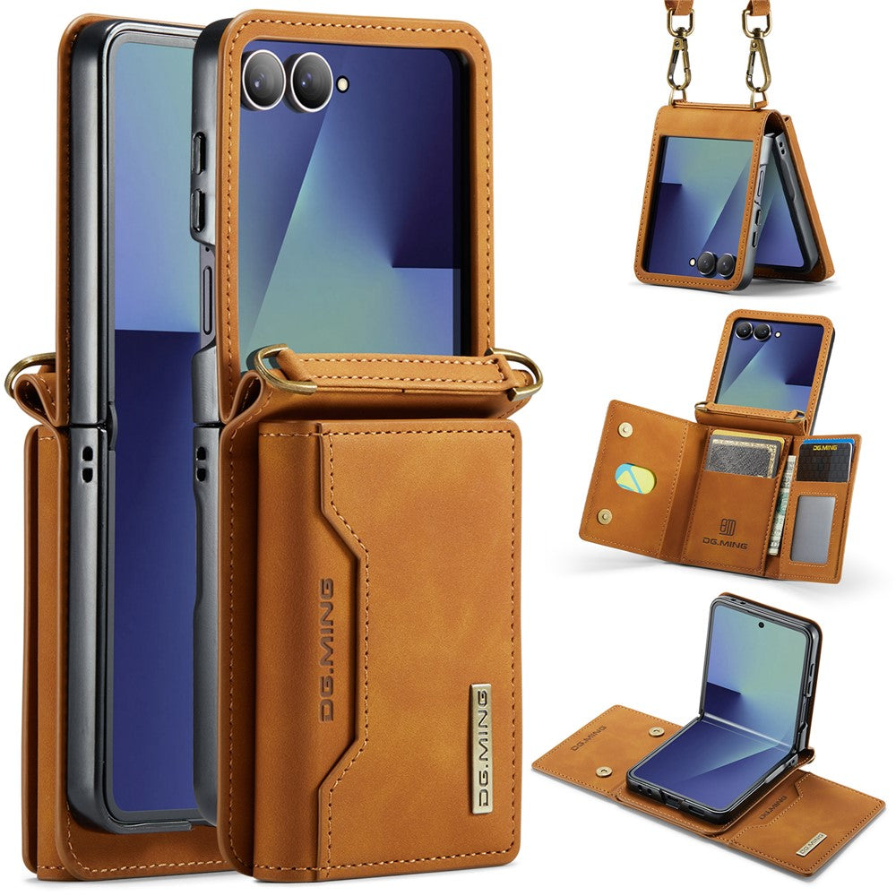 DG.MING M2 Series for Samsung Galaxy Z Flip7 5G Case PU + PC Phone Cover with Detachable Card Bag / Should Strap - Brown