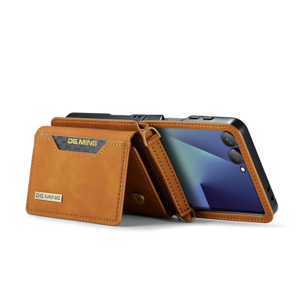 DG.MING M2 Series for Samsung Galaxy Z Flip7 5G Case PU + PC Phone Cover with Detachable Card Bag / Should Strap - Brown