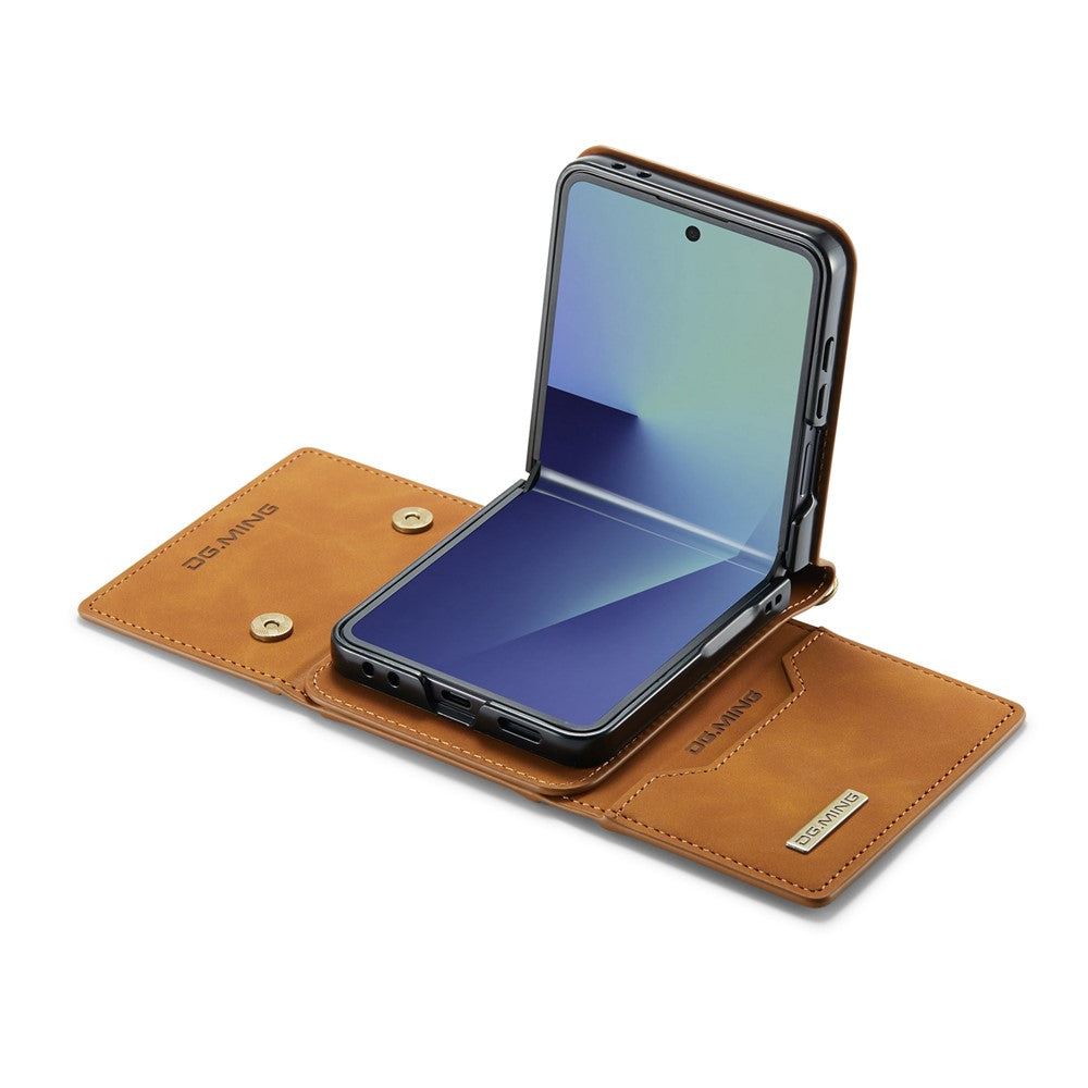 DG.MING M2 Series for Samsung Galaxy Z Flip7 5G Case PU + PC Phone Cover with Detachable Card Bag / Should Strap - Brown