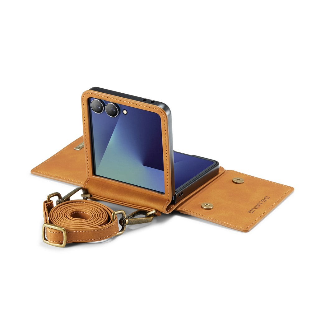 DG.MING M2 Series for Samsung Galaxy Z Flip7 5G Case PU + PC Phone Cover with Detachable Card Bag / Should Strap - Brown