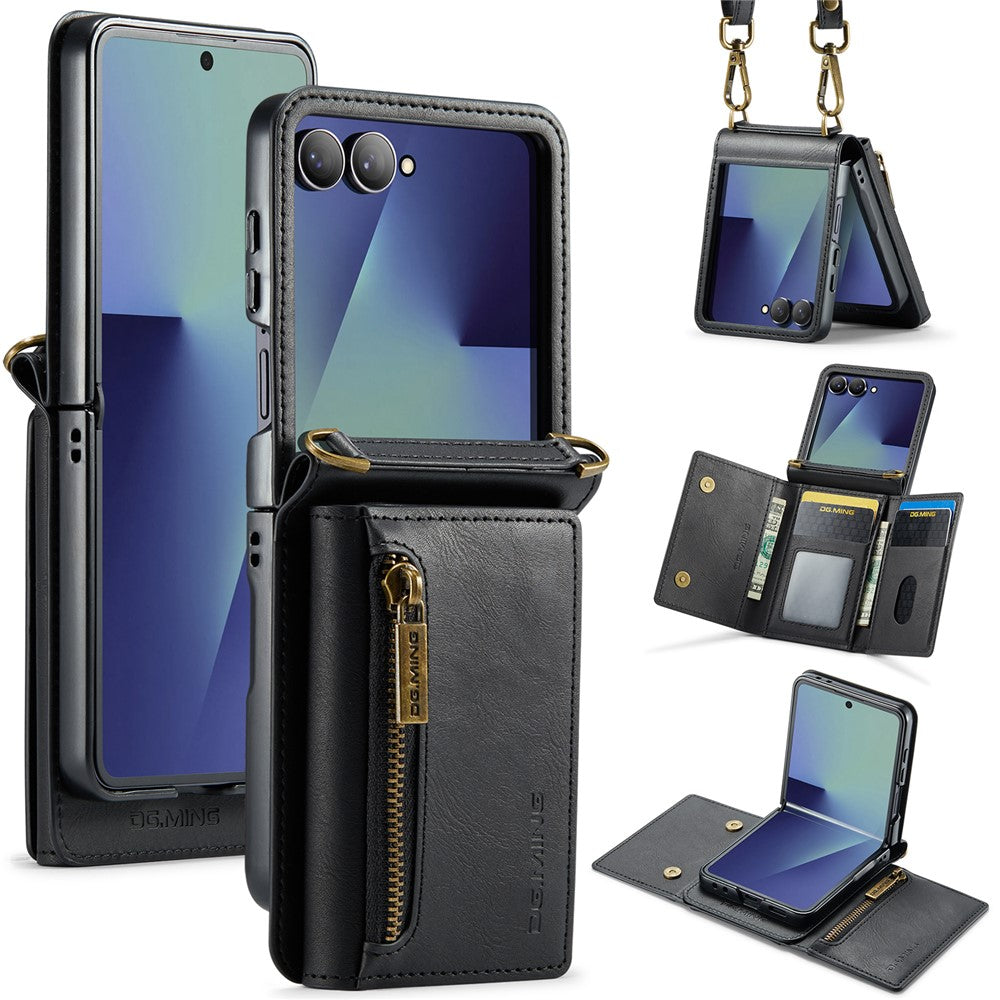 DG.MING M5 Series for Samsung Galaxy Z Flip7 5G Case RFID Blocking Card Slots Leather + PC Phone Cover - Black