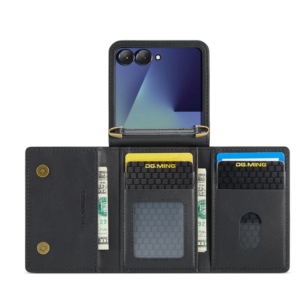 DG.MING M5 Series for Samsung Galaxy Z Flip7 5G Case RFID Blocking Card Slots Leather + PC Phone Cover - Black