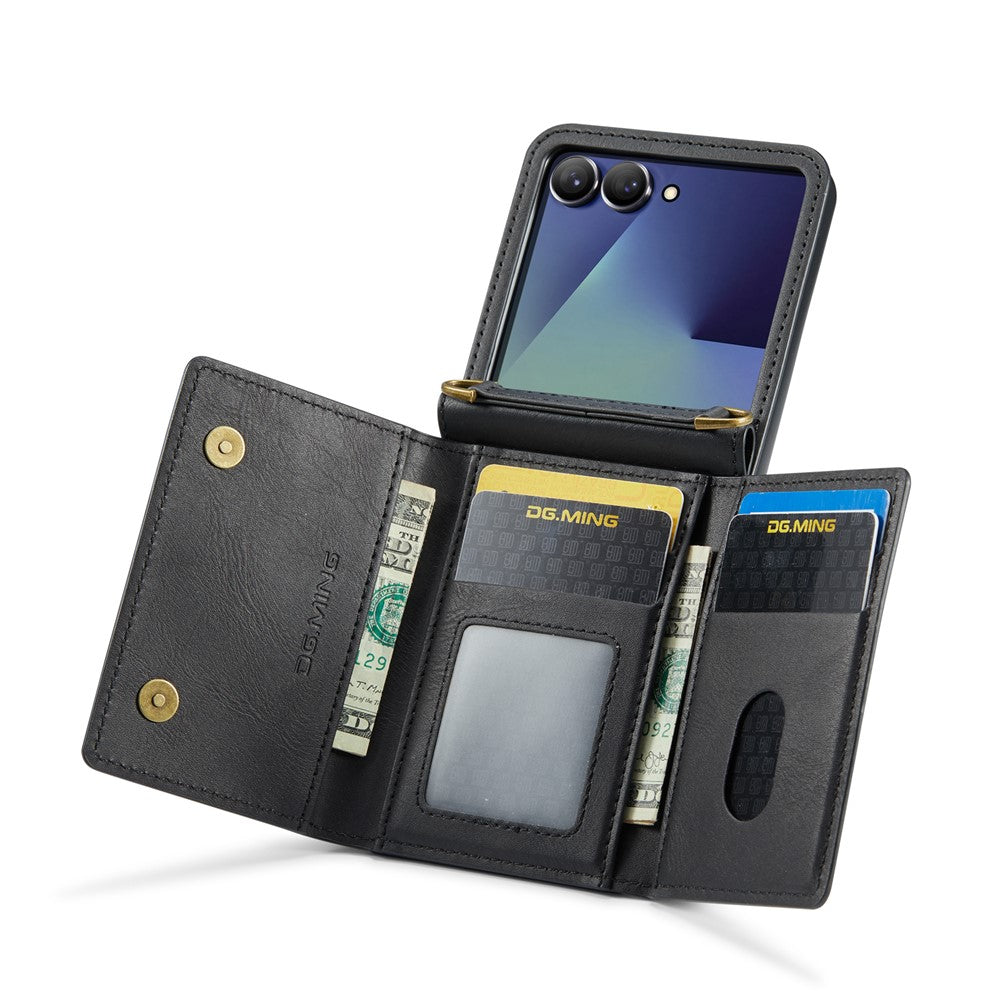 DG.MING M5 Series for Samsung Galaxy Z Flip7 5G Case RFID Blocking Card Slots Leather + PC Phone Cover - Black