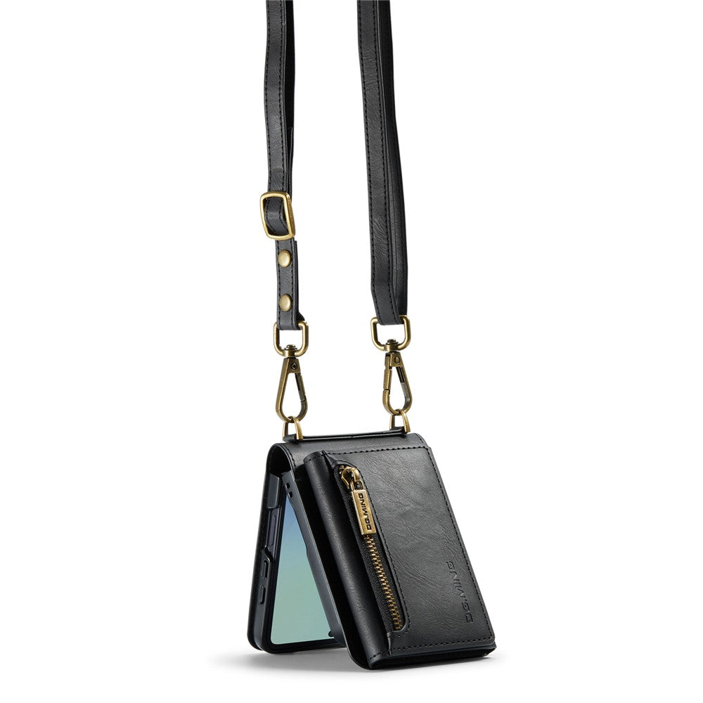 DG.MING M5 Series for Samsung Galaxy Z Flip7 5G Case RFID Blocking Card Slots Leather + PC Phone Cover - Black