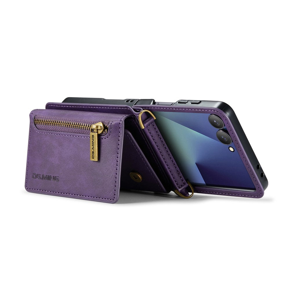 DG.MING M5 Series for Samsung Galaxy Z Flip7 5G Case RFID Blocking Card Slots Leather + PC Phone Cover - Purple