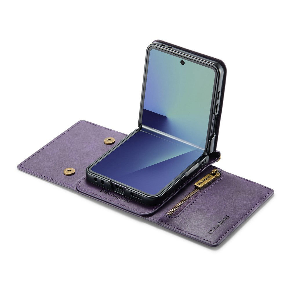 DG.MING M5 Series for Samsung Galaxy Z Flip7 5G Case RFID Blocking Card Slots Leather + PC Phone Cover - Purple