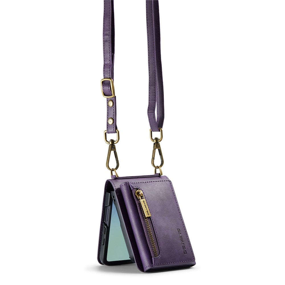 DG.MING M5 Series for Samsung Galaxy Z Flip7 5G Case RFID Blocking Card Slots Leather + PC Phone Cover - Purple