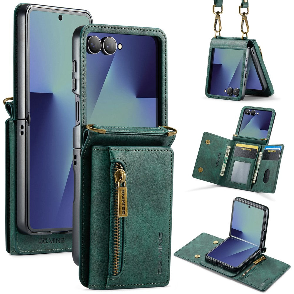 DG.MING M5 Series for Samsung Galaxy Z Flip7 5G Case RFID Blocking Card Slots Leather + PC Phone Cover - Green