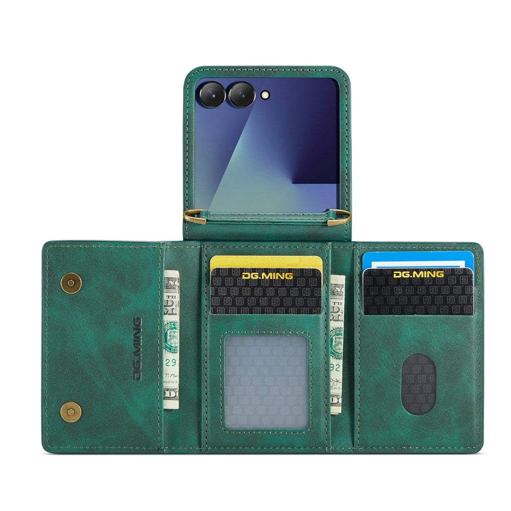 DG.MING M5 Series for Samsung Galaxy Z Flip7 5G Case RFID Blocking Card Slots Leather + PC Phone Cover - Green
