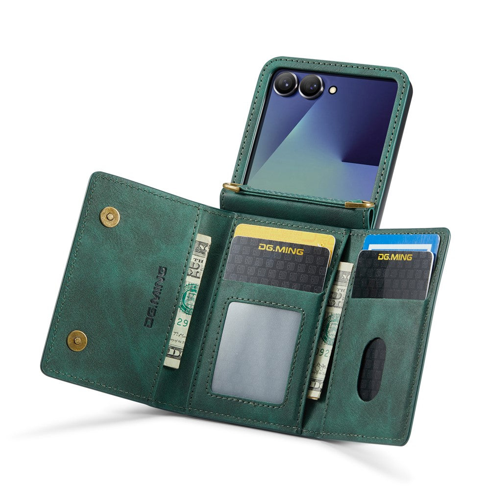 DG.MING M5 Series for Samsung Galaxy Z Flip7 5G Case RFID Blocking Card Slots Leather + PC Phone Cover - Green