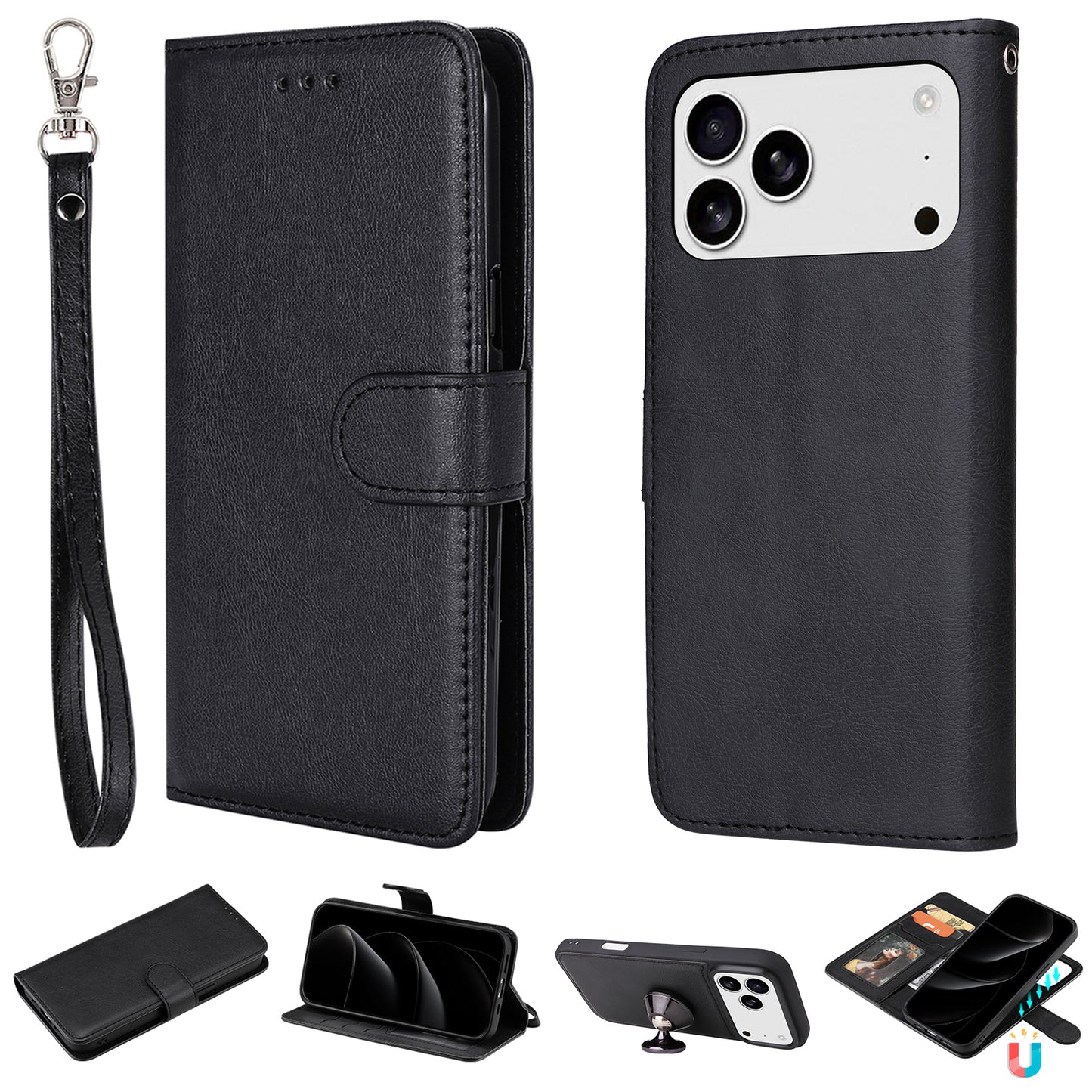 For iPhone 17 Pro Max Case 2 in 1 Detachable Magnetic Leather Wallet Mobile Cover with Strap - Black