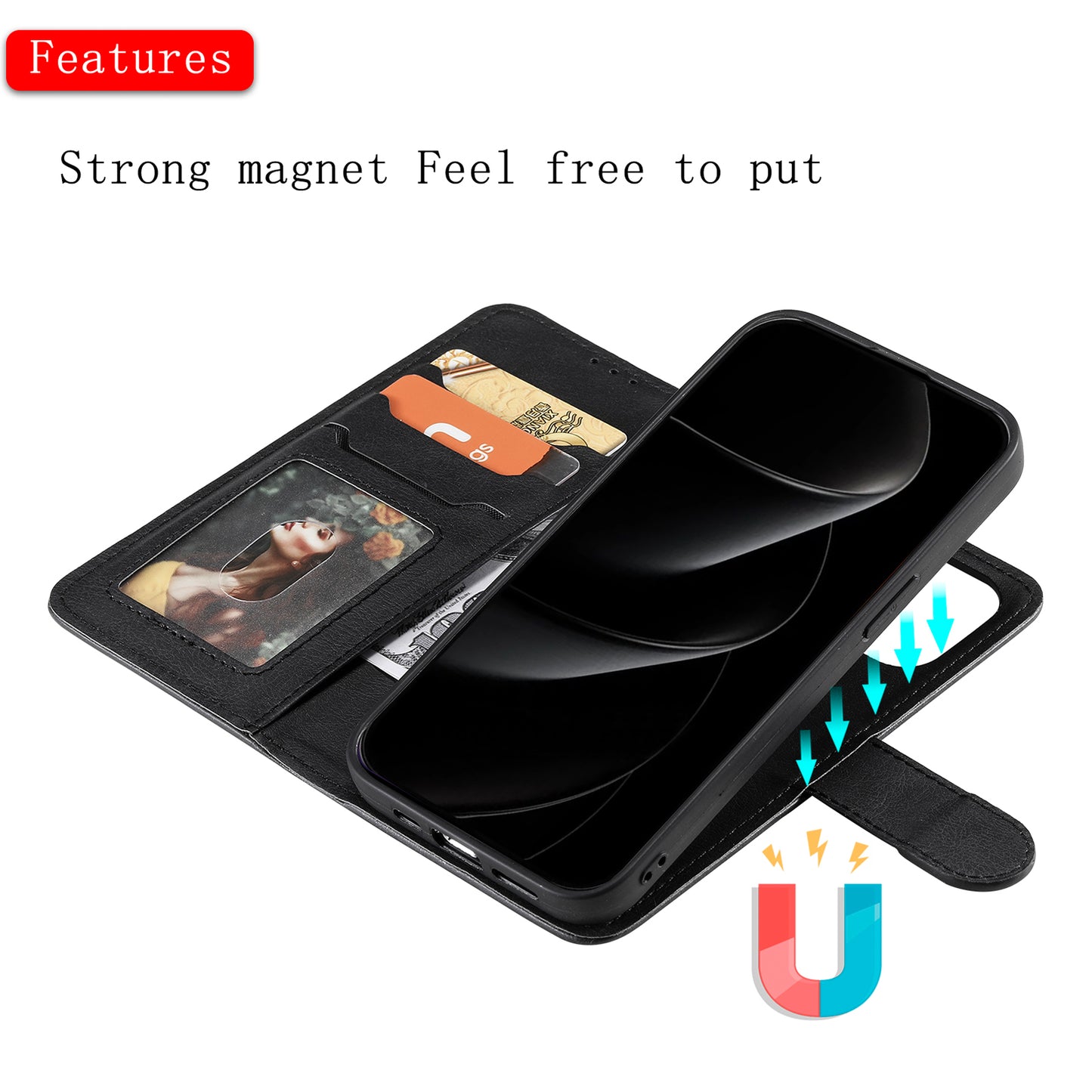 For iPhone 17 Pro Max Case 2 in 1 Detachable Magnetic Leather Wallet Mobile Cover with Strap - Black