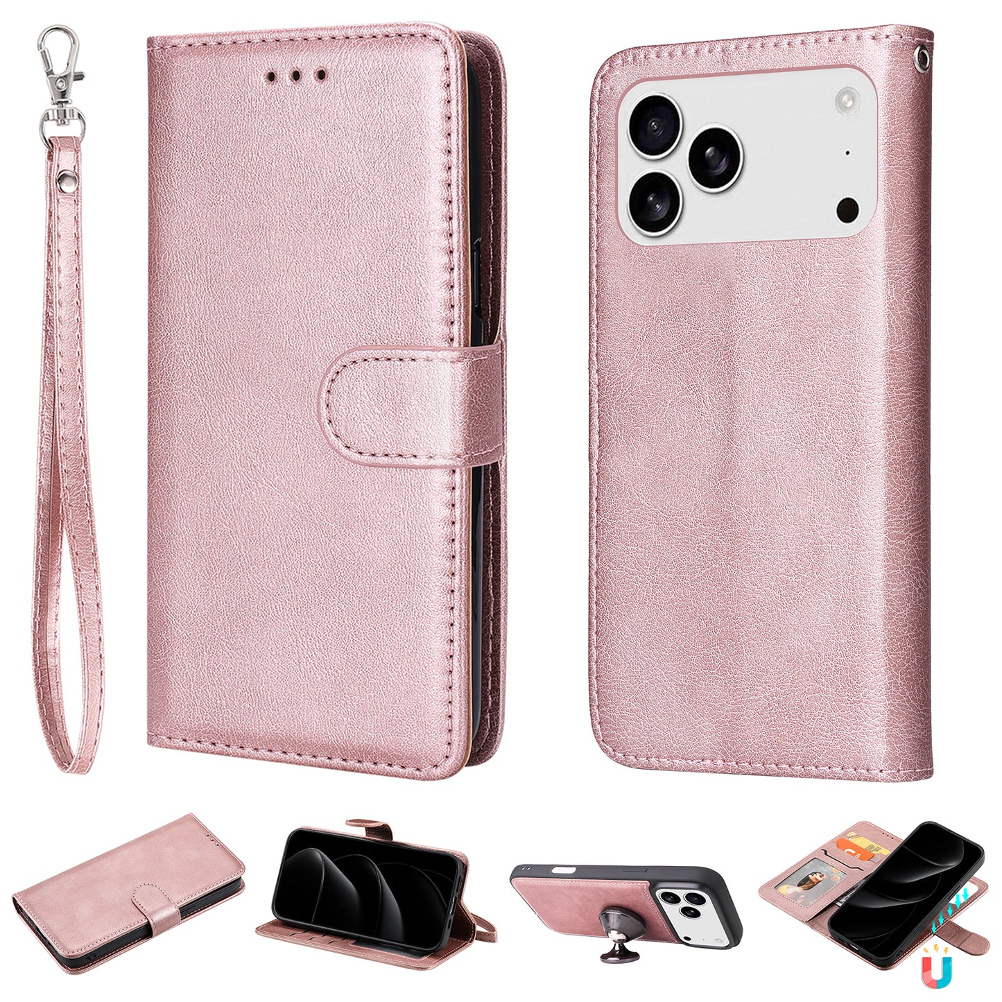 For iPhone 17 Pro Max Case 2 in 1 Detachable Magnetic Leather Wallet Mobile Cover with Strap - Rose Gold