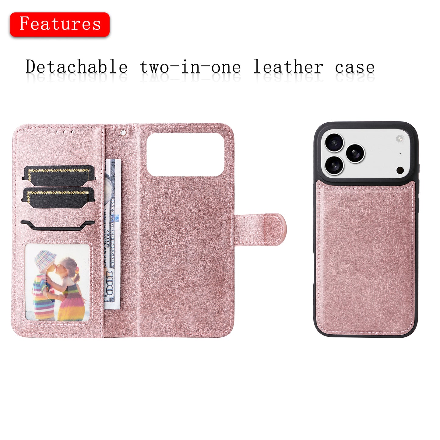 For iPhone 17 Pro Max Case 2 in 1 Detachable Magnetic Leather Wallet Mobile Cover with Strap - Rose Gold