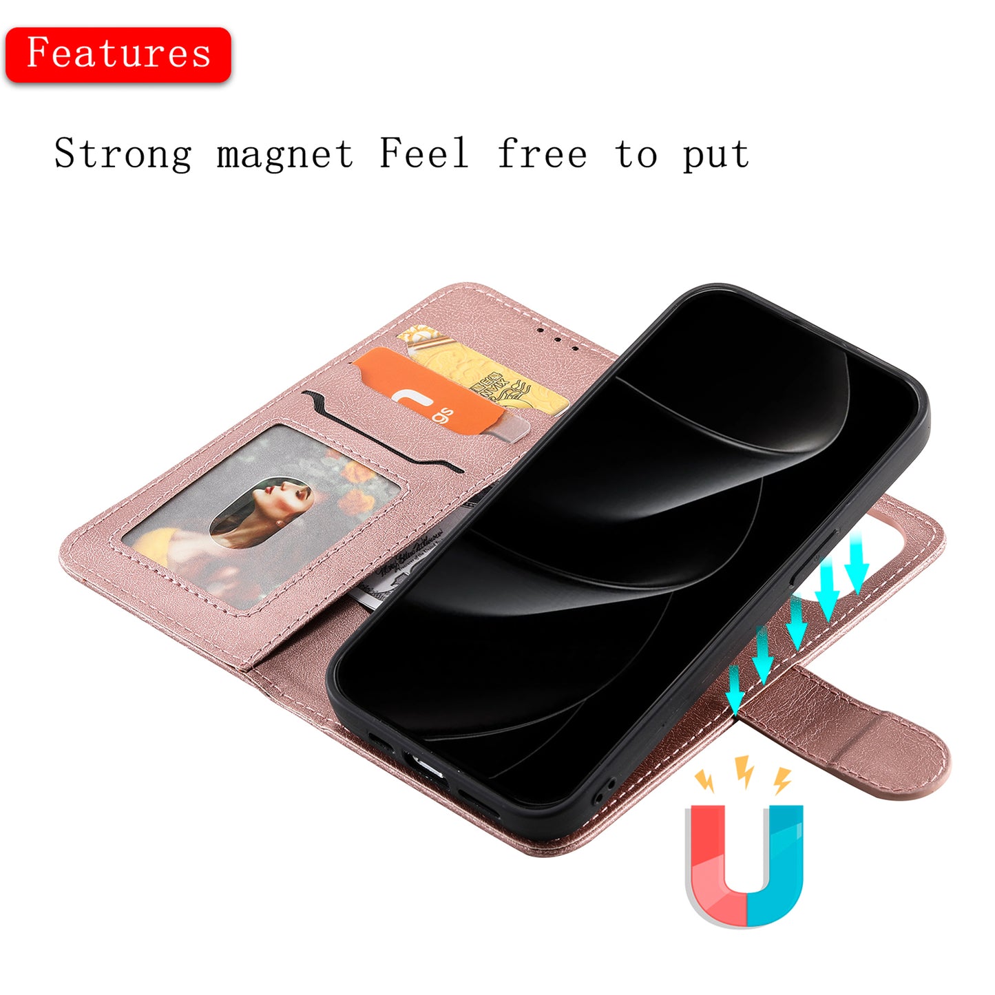 For iPhone 17 Pro Max Case 2 in 1 Detachable Magnetic Leather Wallet Mobile Cover with Strap - Rose Gold