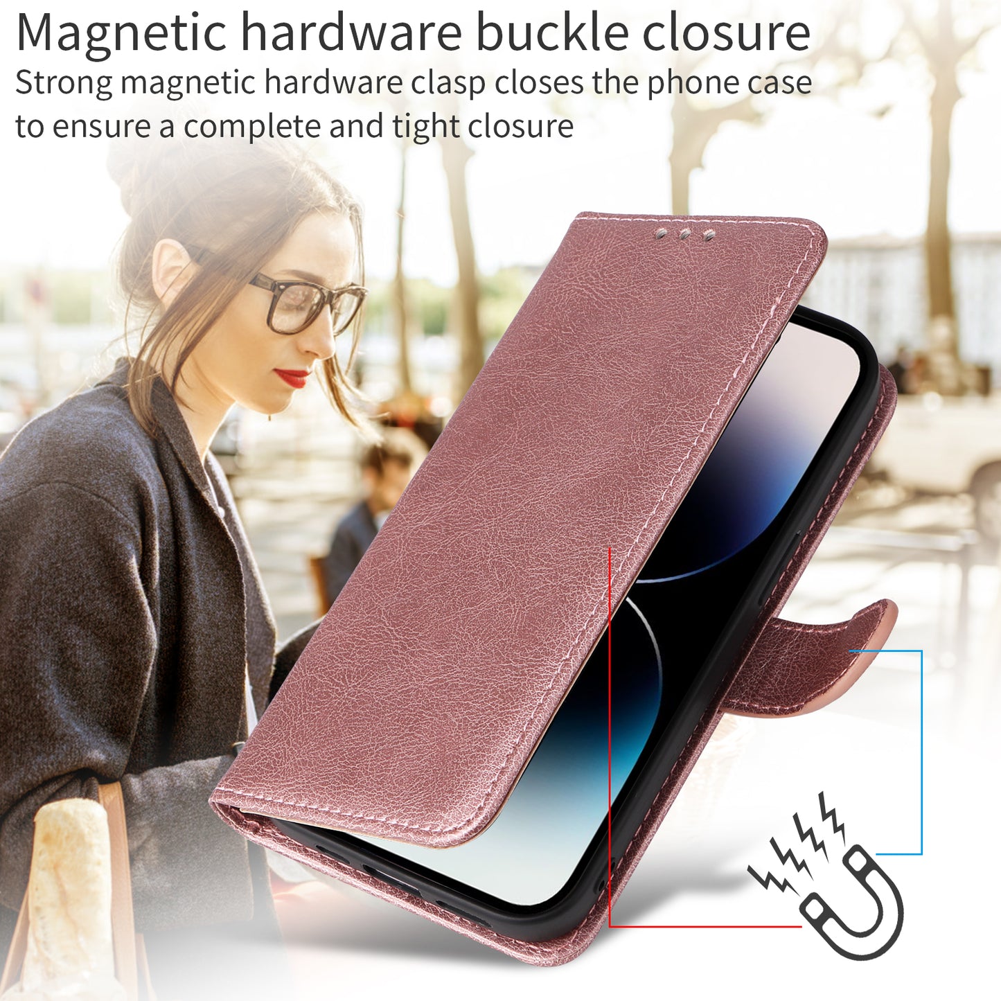 For iPhone 17 Pro Max Case 2 in 1 Detachable Magnetic Leather Wallet Mobile Cover with Strap - Rose Gold
