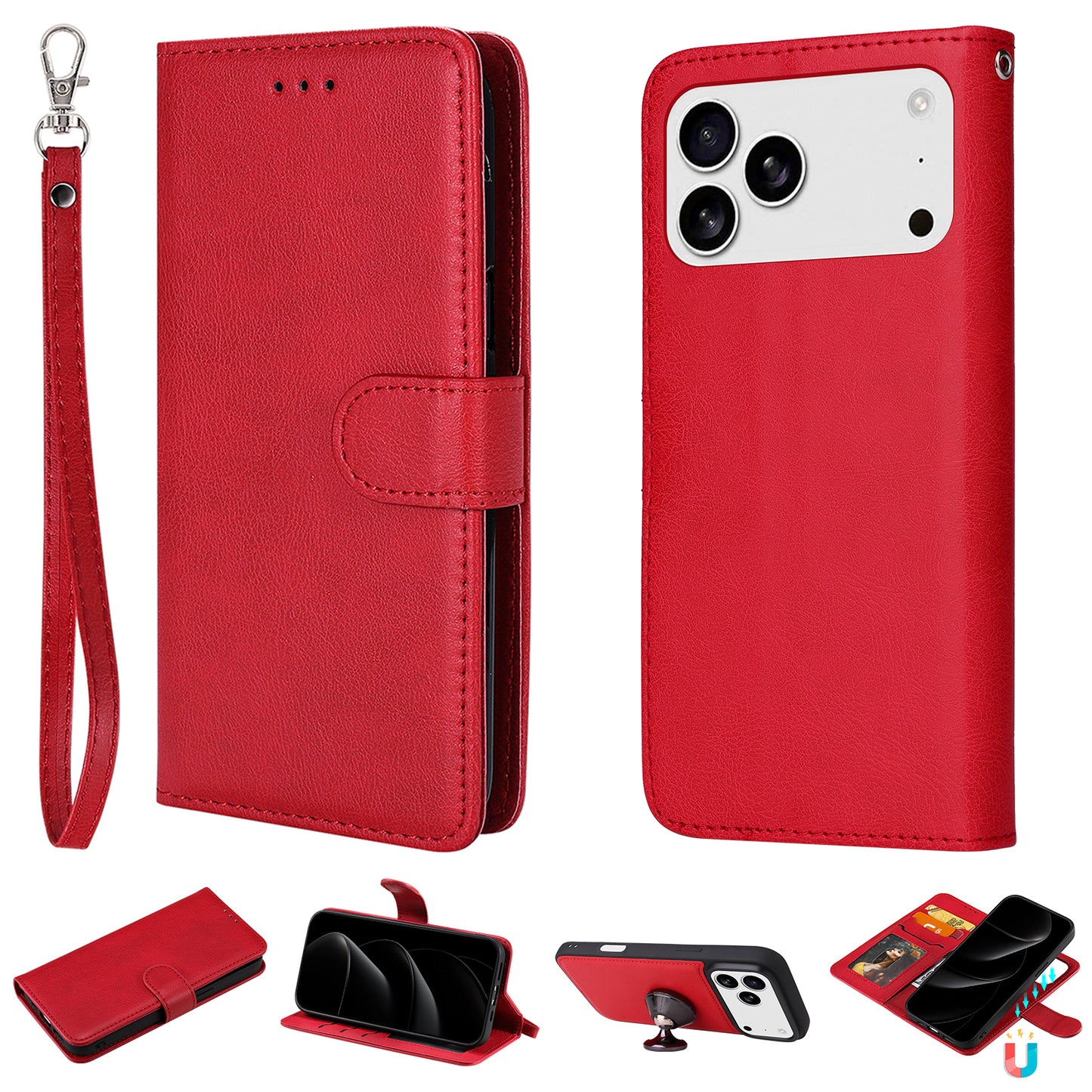 For iPhone 17 Pro Max Case 2 in 1 Detachable Magnetic Leather Wallet Mobile Cover with Strap - Red