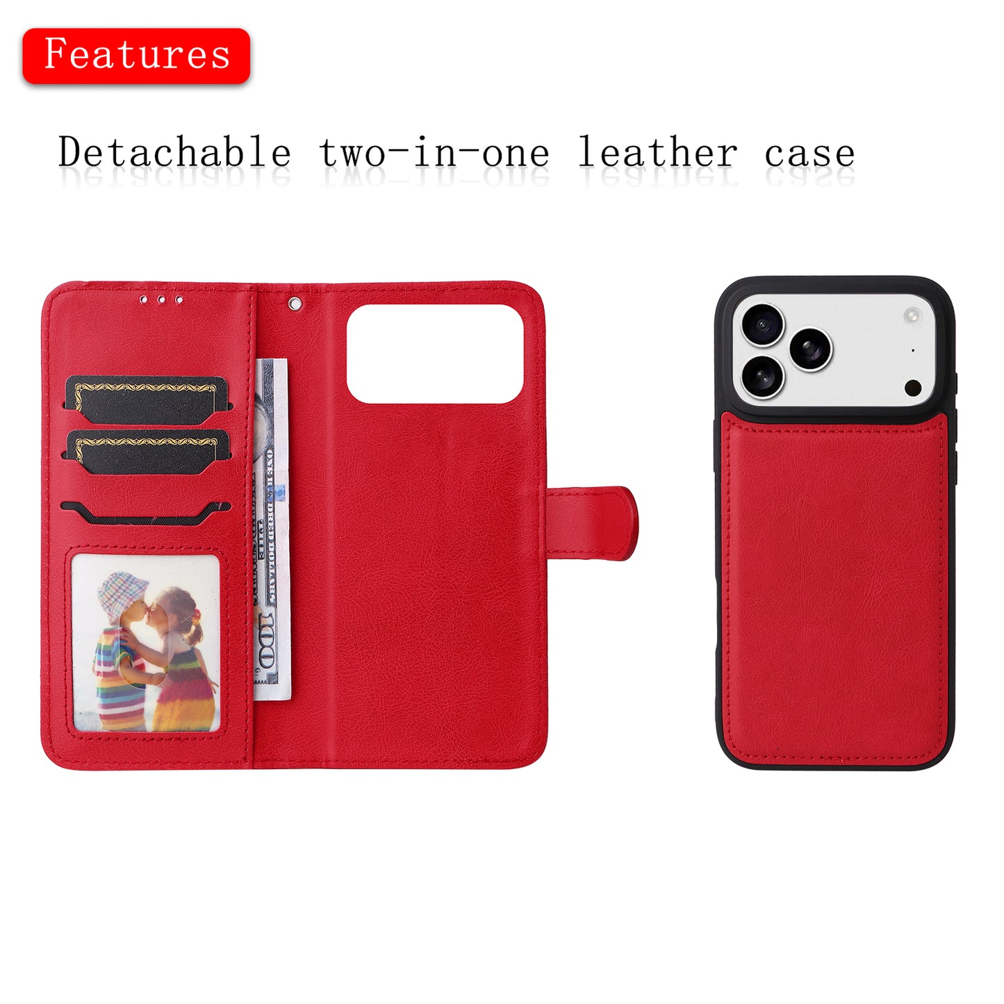 For iPhone 17 Pro Max Case 2 in 1 Detachable Magnetic Leather Wallet Mobile Cover with Strap - Red