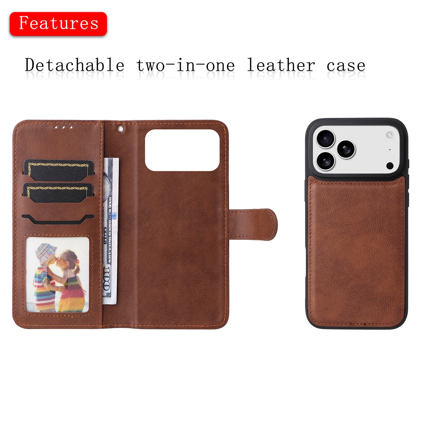 For iPhone 17 Pro Max Case 2 in 1 Detachable Magnetic Leather Wallet Mobile Cover with Strap - Brown