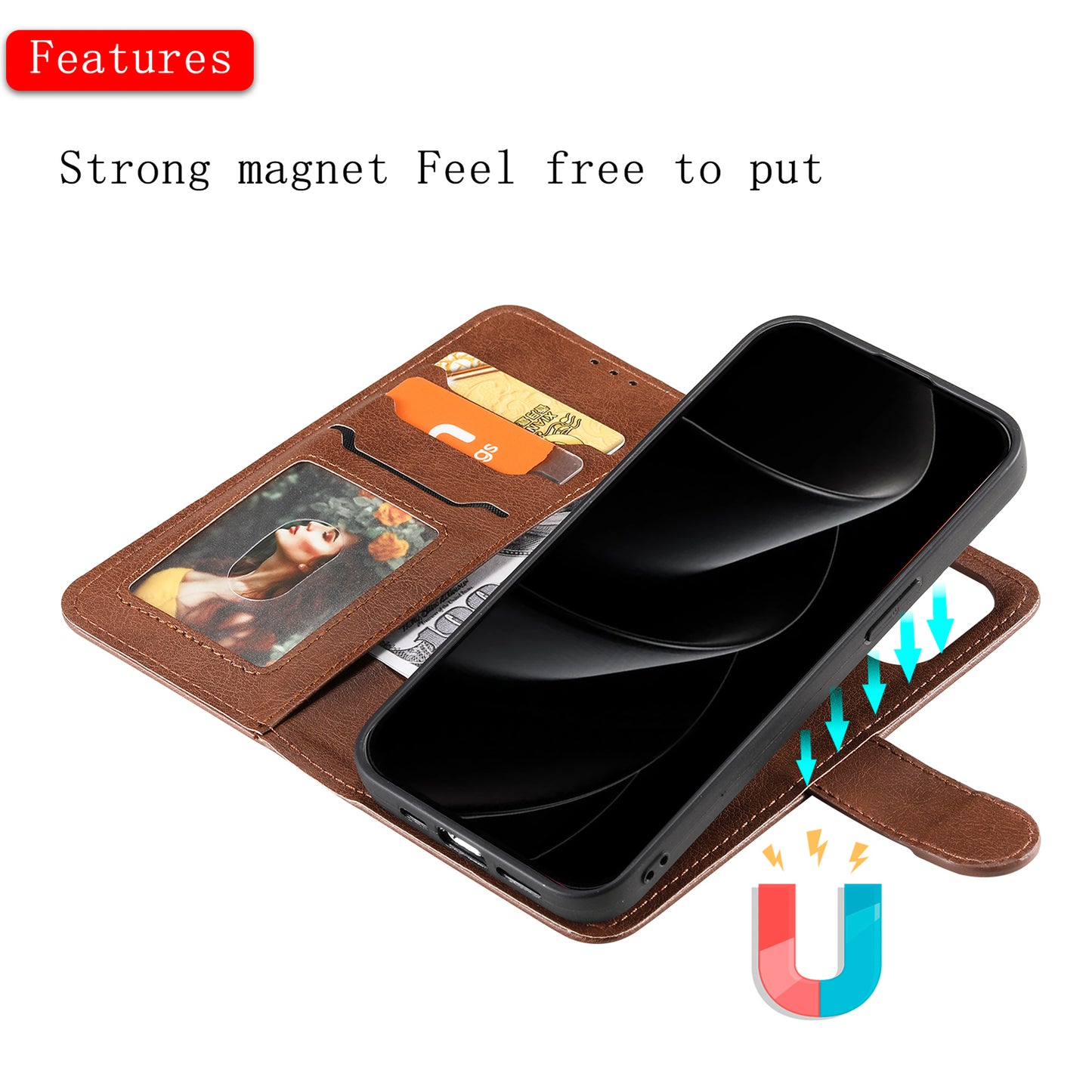For iPhone 17 Pro Max Case 2 in 1 Detachable Magnetic Leather Wallet Mobile Cover with Strap - Brown