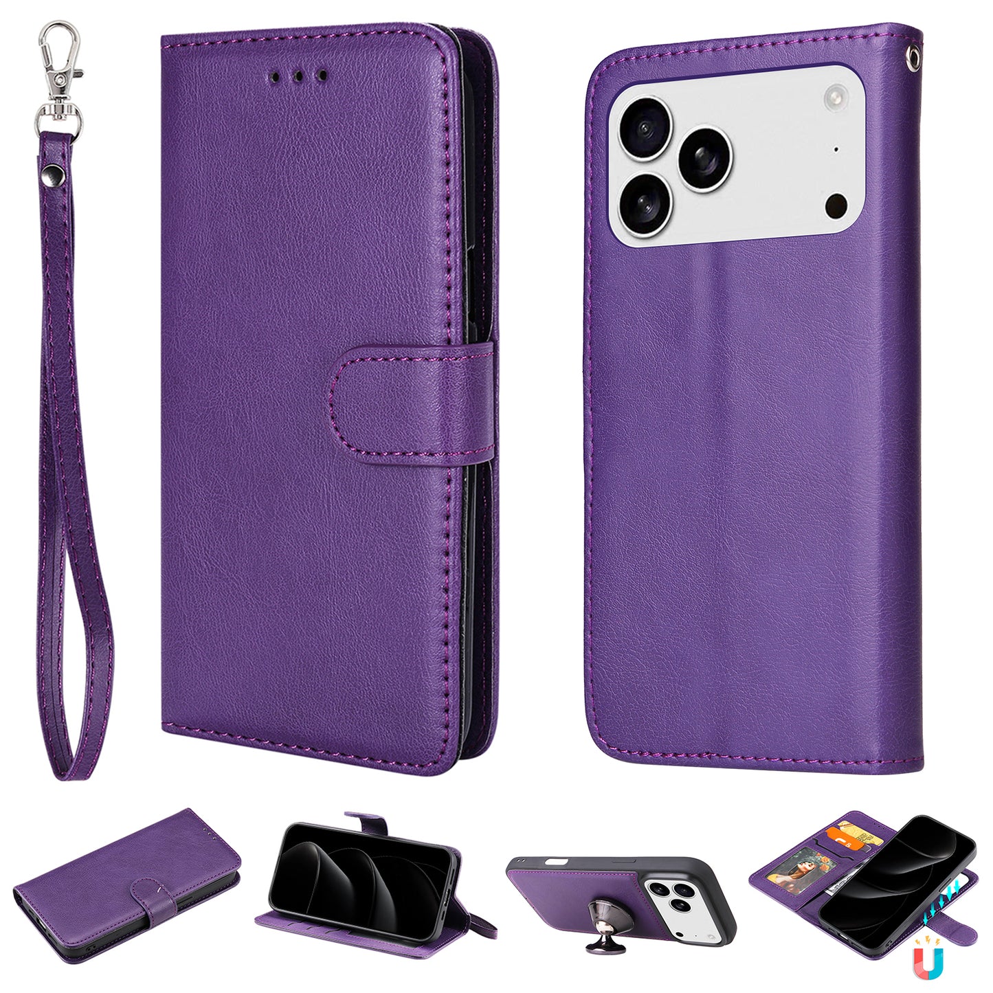 For iPhone 17 Pro Max Case 2 in 1 Detachable Magnetic Leather Wallet Mobile Cover with Strap - Purple
