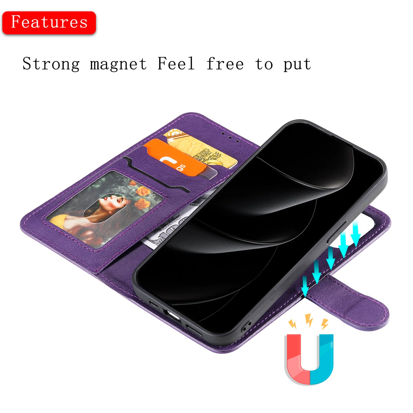 For iPhone 17 Pro Max Case 2 in 1 Detachable Magnetic Leather Wallet Mobile Cover with Strap - Purple